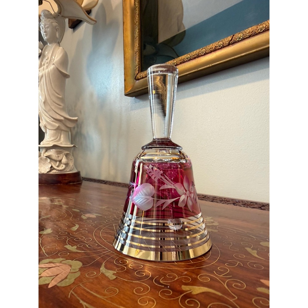 Vintage Cranberry Etched Glass Bell Yugoslavia Gold Band 5.5"‎ Label